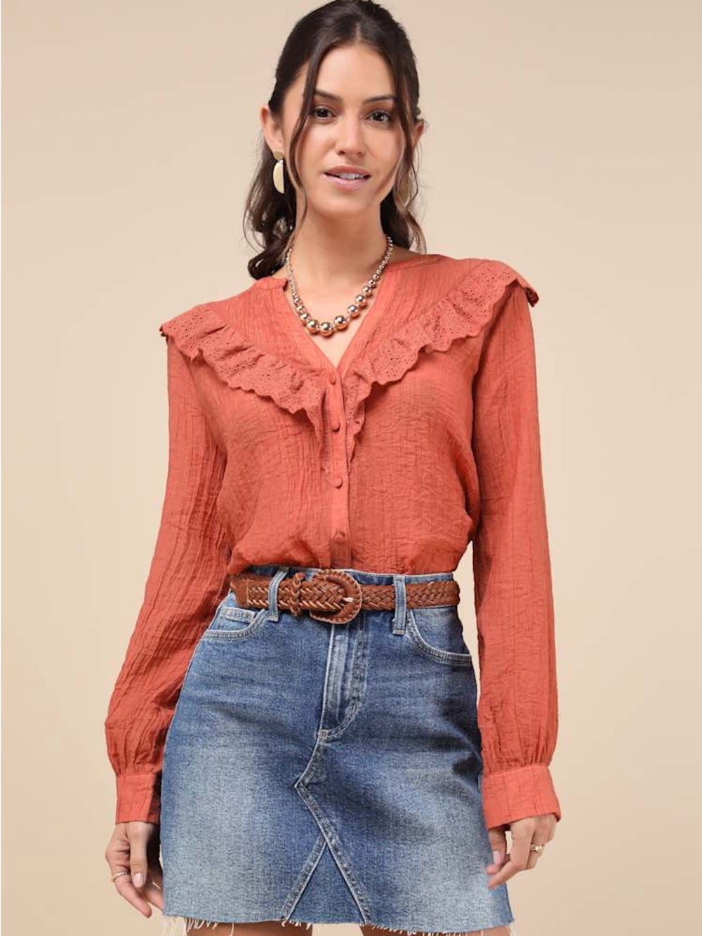Instantly Sweet Terracotta Eyelet Long Sleeve Button-Up Top